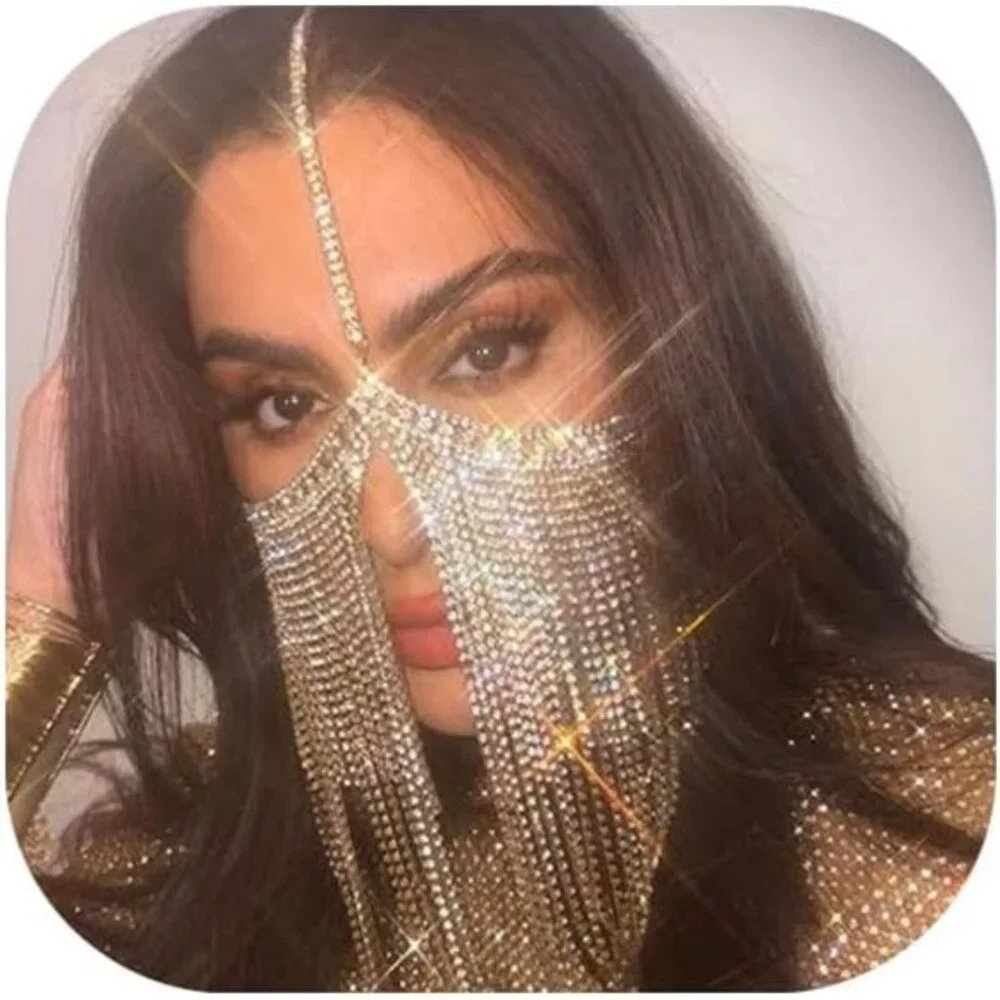 Sexy Full Rhinestone Layered Mask Face Jewelry for Women Crystal Tassel Face